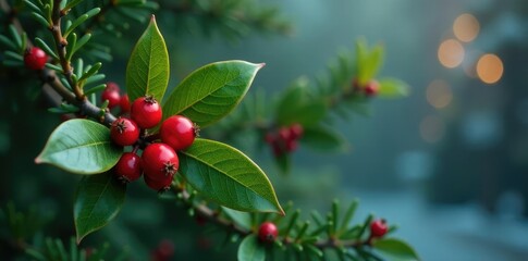 Obraz premium Evergreen branch with bright red holly berries, holiday, winter