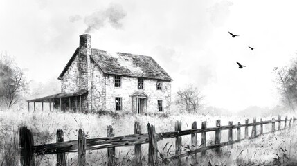 Abandoned farmhouse, grey sky, field, fence, birds; for nostalgic, rustic designs