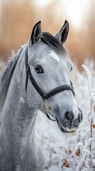 Obraz premium Beautiful gray horse in a snowy landscape during a cold winter day in the countryside