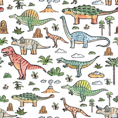 Seamless sketch, ink and watercolor patterns of the Dinosaur World series