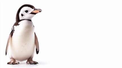 Adorable baby penguin chick standing against white background