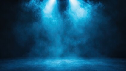 Empty stage lit by blue spotlights. Smoky, dark background