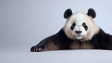 Naklejka premium Adorable giant panda lying down, gazing intently