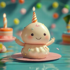 Obraz premium Cute smiling cupcake with candle and party decorations in vibrant colors