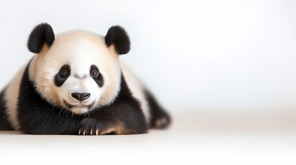 Naklejka premium Adorable panda cub resting, gazing directly ahead