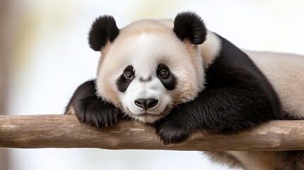 Fototapeta premium Adorable panda resting on a branch, gazing calmly