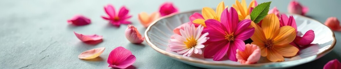 Glass plate with scattered flower petals and a few leaves, arrangement, dining