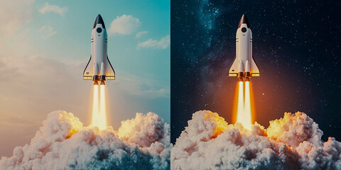 A rocket launches into a vibrant sky, surrounded by clouds, showcasing the power of space exploration in two contrasting atmospheres.