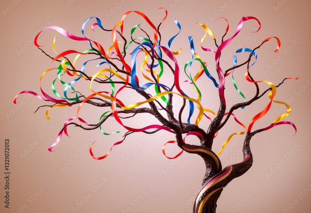 Poster abstract tree artwork, colorful swirling ribbons create branches that are intertwined. soft light en