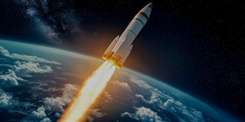 A rocket launches into space, leaving a trail of fire against the backdrop of Earth and a starry sky.