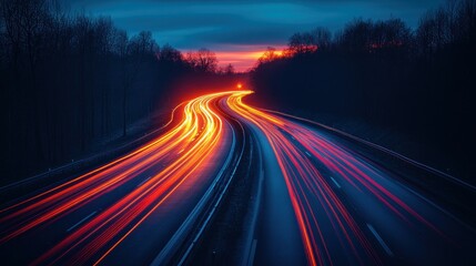 Highway traffic light trails at dusk, forest background, transportation concept