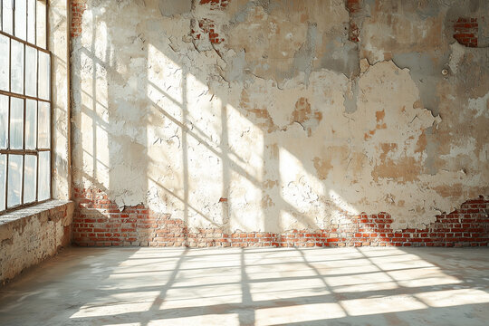 A white paonted brick wall enlighted by the sun through a window