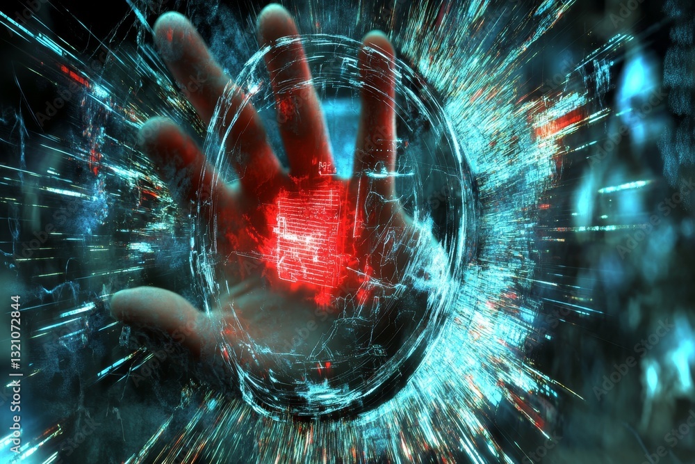 Poster futuristic digital interface with hand and holographic display