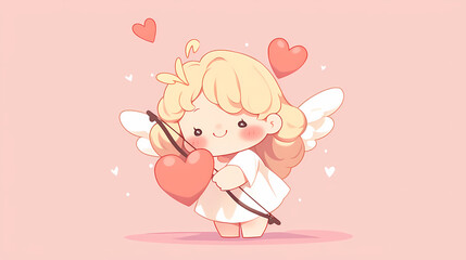 Fototapeta premium Cute cartoon angel character holding a bow and arrow surrounded by hearts on a soft pink background