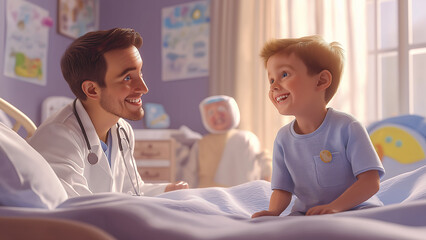 Fototapeta premium Caring Doctor and Happy Child in a Warm Hospital Room