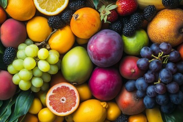 Assortment of colorful ripe tropical fruits. Top view