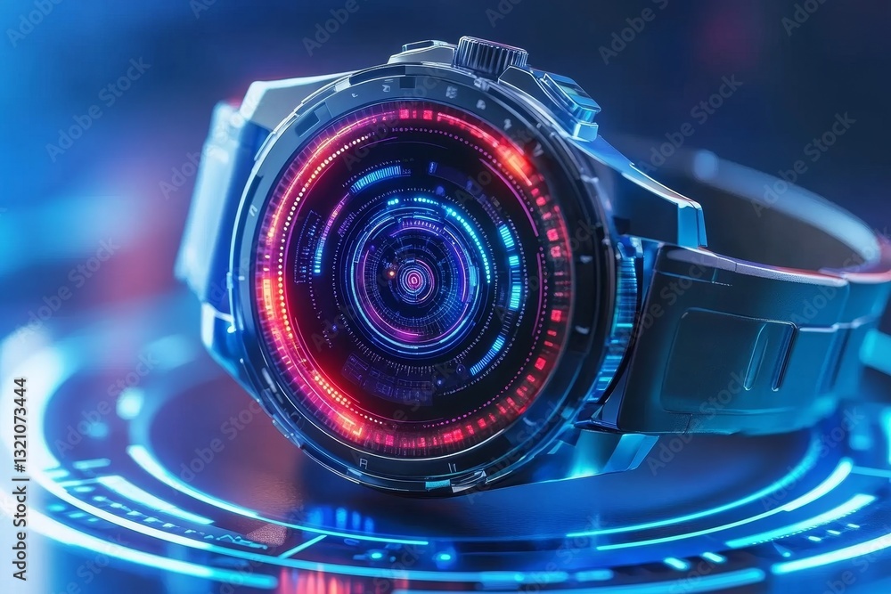 Poster futuristic smartwatch with colorful neon display and technology design