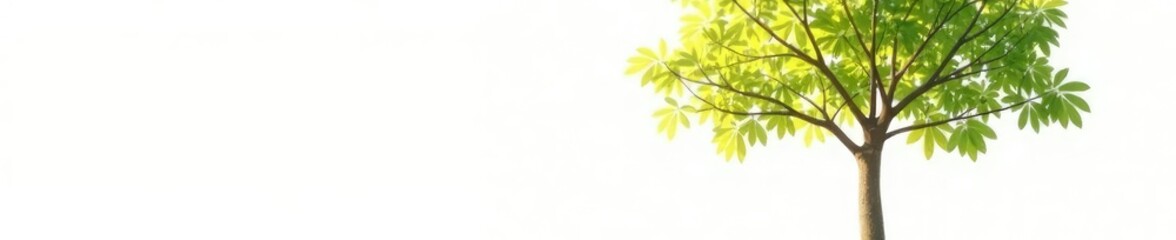 Fototapeta premium Isolated tree against a white background, with sunlight filtering through leaves, solitary, sunlight filter