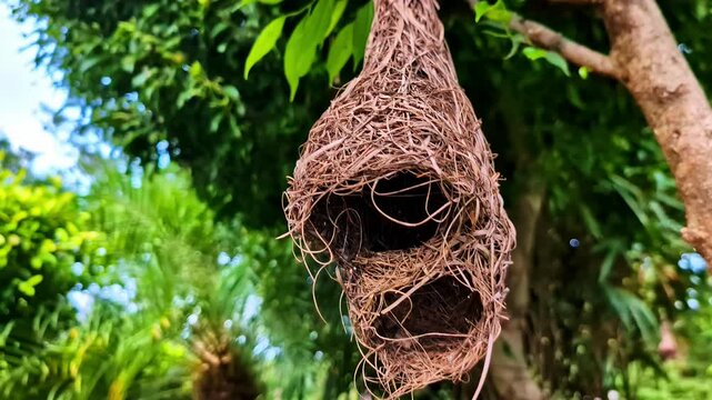 Close-up view of a beautiful weaver bird's nest hanging from a tree branch