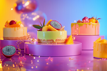 Colorful fruit-topped cakes with vibrant decorations on display at a festive event in a bright setting
