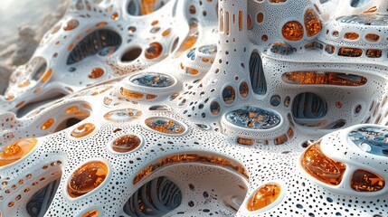 Abstract Futuristic Cityscape with Ornate White Structures and Glowing Elements