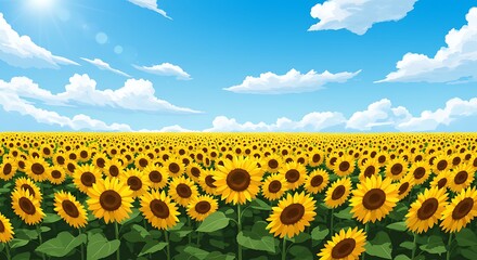 Fototapeta premium Sunflower Field Under a Sunny Blue Sky with White Clouds Illustration