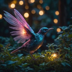 Fototapeta premium A fairy-like bird with glowing wings in a magical garden.