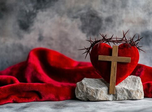 Good friday, Heart with Crown of Thorns and Cross, Symbol of Faith and Love