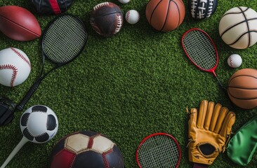Assorted sports equipment on a grassy field. A variety of balls, rackets, and a glove are arranged in a circle on a vibrant green artificial turf