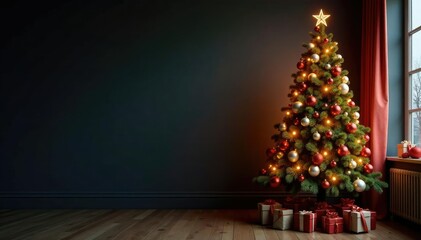 Fototapeta premium Ornate Christmas tree in corner with sparkling ornaments,, ornate furniture