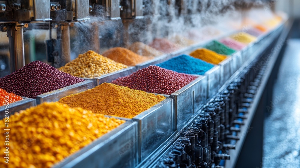 Leinwandbilder rows of colorful granules fill clear containers in a factory dedicated to petrochemical processing. 