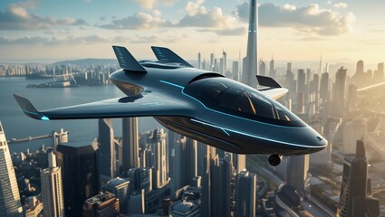 Fototapeta premium High-tech flying vehicle soaring above a futuristic city skyline, powered by advanced propulsion technology. Ideal for promoting futuristic transportation or visionary design ideas