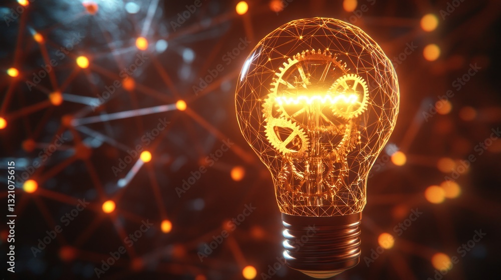 Poster illuminating light bulb idea with gears and connected network concept