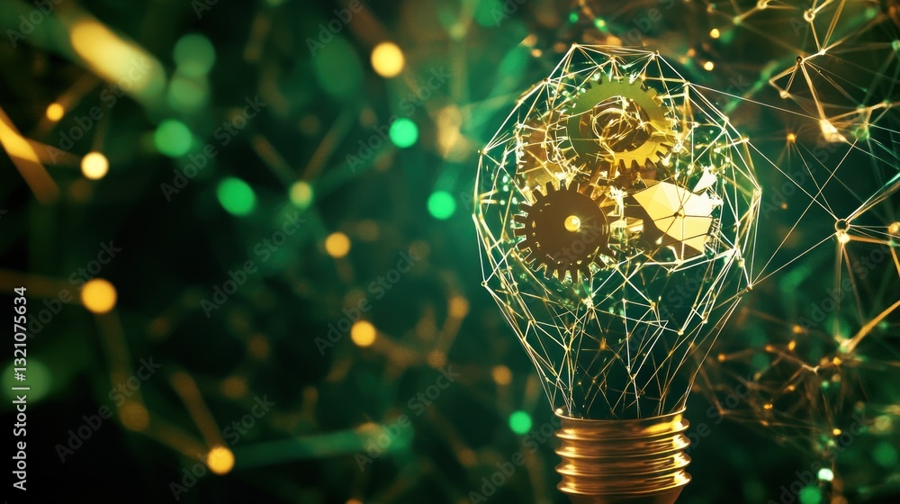 Poster lightbulb with gears and network connections represents innovation and technology