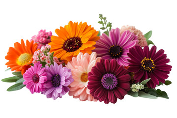 Bright flower arrangement of various colors and textures isolated on transparent background