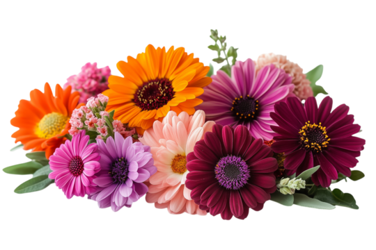 Bright flower arrangement of various colors and textures isolated on transparent background