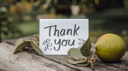 A heartfelt Thank You note with autumnal leaves and a fruit on rustic wood.