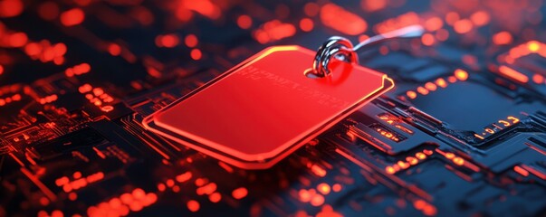 Futuristic red tag on glowing circuit board symbolizing digital security and innovation