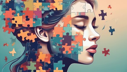 human face falling apart like a puzzle, symbolizing mental health concepts