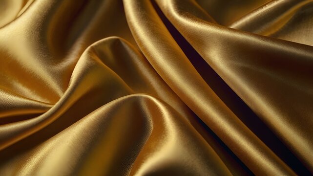 golden satin background, luxurious golden silk fabric, satin texture, rippling folds, shimmering surface, elegant drapery, rich warm tones, soft lighting, close-up detail, smooth curves, glossy reflec