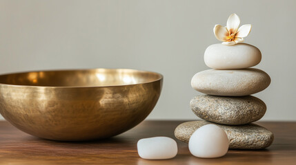 Singing bowl with spa stones and white flower on grey background