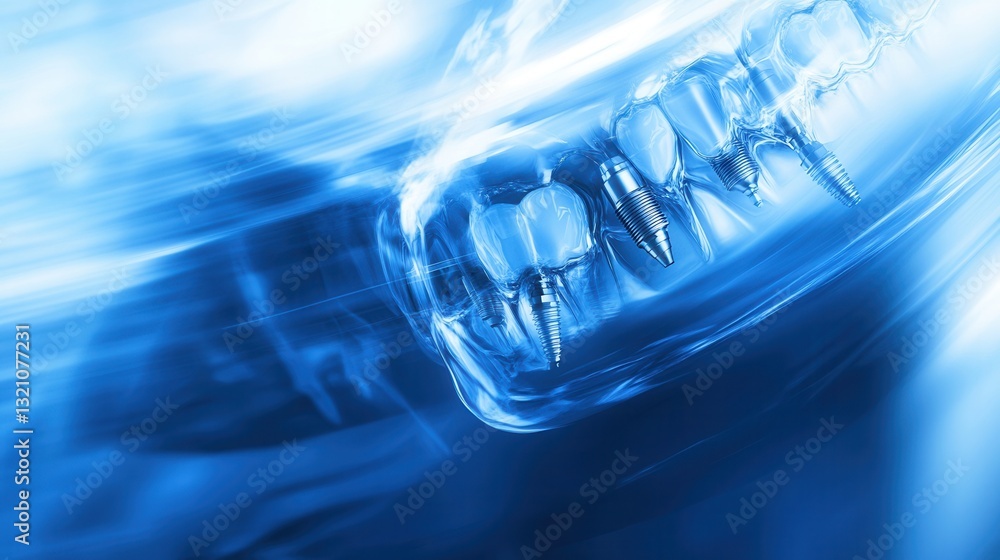 Poster dynamic visual of dental implants integrating into a rejuvenating jaw with energetic blue and silver