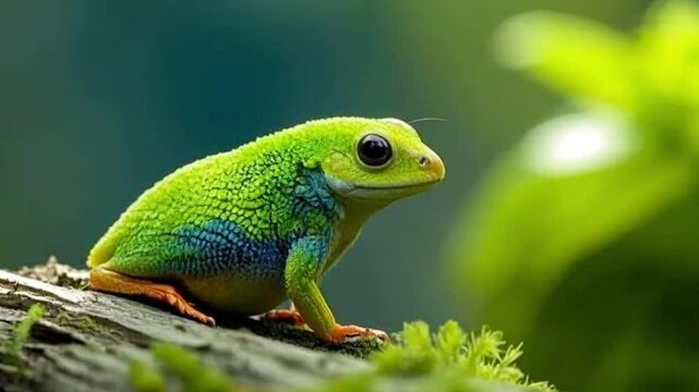 Green tree frog on a leaf with closeup of its eye in a tropical wildlife setting