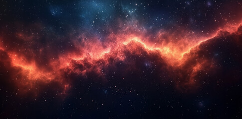 A fiery nebula stretches across the cosmos, glowing with deep reds and oranges. Wisps of interstellar gas and countless stars create a dramatic celestial landscape, capturing the universe’s vast beaut
