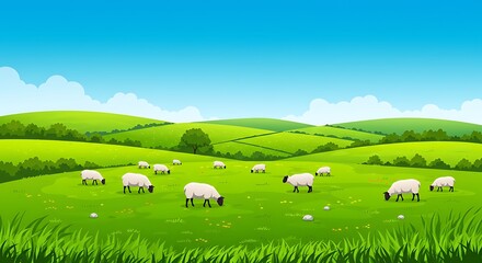 Fototapeta premium Sheep Grazing on Green Hills Under a Sunny Blue Sky Cartoon