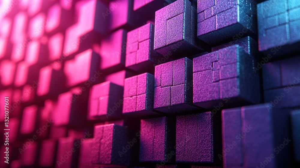 Poster abstract array of textured cubes with pink and blue neon lighting