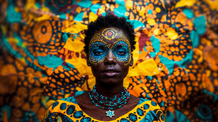 portrait d'une femme africaine en tenue traditionnelle, vue de face - fond color&eacute;