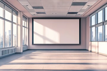 Modern empty conference room with large projector screen, city views
