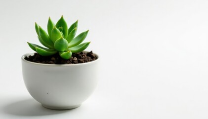 Fototapeta premium small potted succulent with soil and leaves on a white background, green, clean