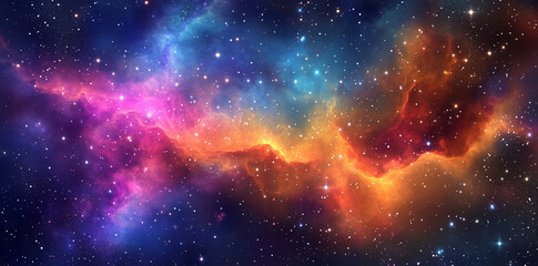 Naklejka premium A vibrant cosmic nebula swirls across deep space, glowing in shades of blue, pink, orange, and purple. Countless stars twinkle against the dark void, creating a mesmerizing celestial landscape.
